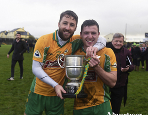 Favourites: Corofin captain Micheal Lundy and Dylan Wall will be looking to celebrate another victory after winning last season&#039;s Galway Senior Club Football Championship.   
Photo by Daire Brennan/Sportsfile