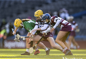 Siobhan McGrath of Sarsfields, in action against Josie McMullan of Slaughtneil in the AIB All-Ireland Senior Camogie Club Championship final, is the Connacht Camogie Player of the Year, and one of six of the winning Sarsfields&#039; team to be named in the Camogie Team of the Year.