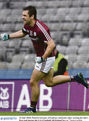 15 July 2018: Patrick Sweeney of Galway celebrates scoring his side&#039;s first goal during the GAA Football All-Ireland Senior Championship quarter-final and victory over Kerry at Croke Park, Dublin. Photo:  David Fitzgerald/Sportsfile
