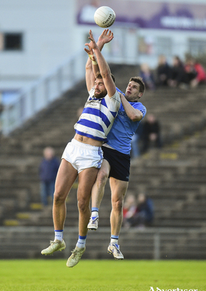 Up in the air: Lee Keegan and Aidan O&#039;Shea were involved in a big battle on Sunday, with Keegan&#039;s Westport side emerging victorious. Photo: Sportsfile. 