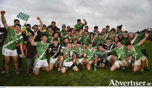 Moycullen players and management celebrate following their side&#039;s victory over Moycullen and Mountbellew-Moylough in the Galway County Senior Football Championship final at Pearse Stadium in Galway.       Photo: Seb Daly/Sportsfile