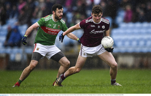 Back to the winter football: Kevin McLoughlin tracks Galway&#039;s John Daly when the sides met in the FBD League back in January. Photo: Sportsfile .