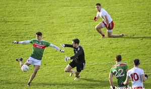 Dead eye: Tommy Conroy fires home his goal for Mayo against Tyrone in MacHale Park. Photo: Sportsfile 