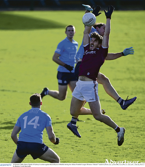 Shane Walsh of Galway surrounded by Dublin players during the Allianz Football League match  at Pearse Stadium in Galway. Photo:  Ramsey Cardy/Sportsfile