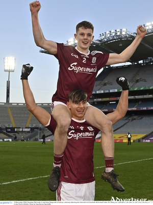 Sean Fitzgerald shoulders Jonathan McGrath in celebration  of Galway&#039;s victory over Dublin in the EirGrid GAA Football All-Ireland Under 20 Championship at Croke Park in Dublin. Photo: Sam Barnes/Sportsfile