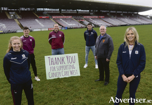 Pictured at the &#039;March for Maroon&#039; launch in Pearse Stadium, Louise Ward (Galway Ladies Senior Football captain 2020), Shane Walsh (Galway Senior Football captain), Richard Flaherty (CEO, Cancer Care West), Padraig Mannion (Galway Senior Hurling captain), Sean Greene (Search Co-ordinator, Oranmore-Maree Coastal Search Unit), and Sarah Dervan (Galway Senior Camogie captain 2020).. 