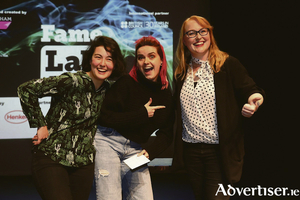 FameLab Galway 2020 winners pictured from left: Elena Pagter, Helen Horkan, and MC Fiona Malone. Photo: NUI Galway.