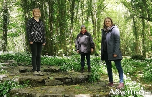 At the waterfall in Merlin Woods are (LtoR): Ruth Browne, library assistant; Caroline Stanley, Friends of Merlin Woods; and Shona MacGillivray, artist.
