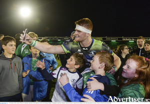 A favourite with the fans: Sean O&#039;Brien of Connacht celebrates with supporters after the European Rugby Champions Cup match at the Sportsground in Galway. Photo by Matt Browne/Sportsfile