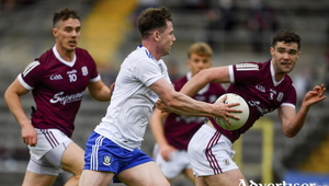 Monaghan&#039;s Karl O&#039;Connell surrounded by Galway&#039;s Eamonn Brannigan and Se&aacute;n &Oacute; Maolchiar&aacute;in during a recent Allianz Football League clash at St Tiernach&#039;s Park, Clones.