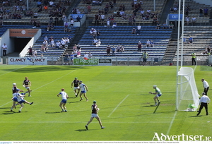 Jason Flynn of Galway shoots to score his side&#039;s third goal during the GAA Hurling All-Ireland Senior Championship Round 2 match between Waterford and Galway at Semple Stadium in Thurles, Tipperary. Photo by Harry Murphy/Sportsfile