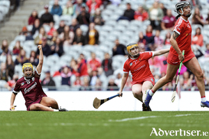 Siobhan McGrath watches as her shot crawls into the Cork net for her decisive late goal at Croke Park today. Photo: Inpho