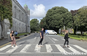 Try not to spot The Beatles Abbey Road reference: (LtoR): R&oacute;is&iacute;n Nic Lochlainn (SU president), Jack Collins (SU school of medicine convenor), and Clodagh McGivern (SU education officer).