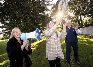 Pictured at the launch of the Netwatch Family Carer of the Year Awards are Catherine Cox, Family Carers Ireland Head of Communications and Policy; Shauna Tighe, former Dublin Young Carer of the Year, and Mick Galwey, Netwatch Brand Ambassador and Ireland rugby legend. Photo: Mark Stedman