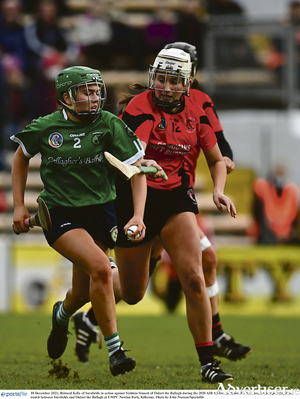  Reitseal Kelly of Sarsfields in action against Siobhan Sinnott of Oulart the Ballagh in the 2020 AIB All-Ireland Senior Club Camogie Championship final  at UMPC Nowlan Park, Kilkenny. Photo: Eoin Noonan/Sportsfile