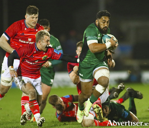 On the attack: Connacht try scorer Bundee Aki skips past Munster&#039;s Craig Casey at the Sportsground on New Year&#039;s Day. Photo:- Mike Shaughnessy 