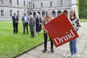 Ethel Rose Murray and Luke Heffernan (NUI Galway students), with Prof Ciar&aacute;n &Oacute; h&Oacute;gartaigh (NUI Galway president); Prof Patrick Lonergan (O&rsquo;Donoghue Centre for Drama, Theatre and Performance); and Garry Hynes and Marie Mullen (Druid Theatre Company). Photo:- Boyd Challenger