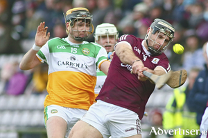 Galway&#039;s Jack Hastings and Offaly&#039;s Adrian Cleary in action from the Allianz National Hurling League division one game in Pearse Stadium on Sunday.
 Photo:-Mike Shughnessy