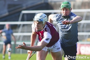 Conor Walsh NUIG and Cianan Fahy GMIT in action from the Electric Ireland Fitzgibbon Cup semi-final at Pearse Stadium on Wednesday. Photo:-Mike Shaughnessy