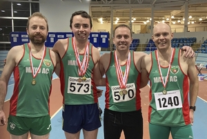 Mayo AC winners of Connacht Indoor 4x200m relay at Athlone TUS arena: Sean Hynes, Declan Owens, Keith Conroy and John Brennan. 