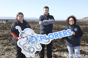 The Explorers Education Programme team at Galway Atlantaquaria are delighted to be working with Scoil Iosaif Naofa, Oranmore, and Scoil Sailearna, Inverin, who are among the top schools in fourteen coastal counties that have been selected to complete an Explorers Healthy Oceans project, and be in with a chance of winning a Marine Institute&rsquo;s Explorers Ocean Champion Award for primary schools in Ireland. Pictured from left: Explorers outreach officers Dr Noirin Burke, Rory McAvinney, and Dr Maria Marra Vittoria from Galway Atlantaquaria. Photograph: Aengus McMahon.