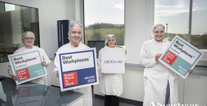 Employees from AbbVie&rsquo;s manufacturing facility in Westport are pictured celebrating the company being recognised as one of Ireland&rsquo;s best workplaces. Pictured are: Stella Naughton, Stephanie O Hara, Louise Casey and Megan McCabe.