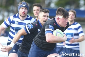 Galway Corinthian&#039;s&nbsp;Malachy Gavin carries the ball before offloading&nbsp;to Josh Rowland who went on to score a try against Blackrock College in the Energia&nbsp;All Ireland League game at Corinthian Park, Cloonacuneen&nbsp;on Saturday. 
                                                                                                                                                     Photo:- Mike Shaughnessy