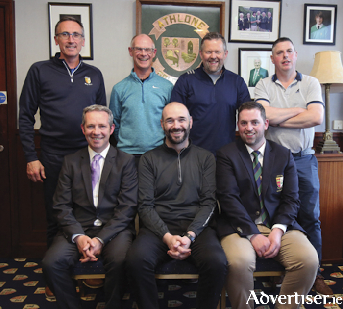 Pictured following the men’s ‘Better The Score’ competition presentation at Athlone Golf Club were back row, l-r,  Aengus O’Rourke, Brian O’Looney , Fergal Shine , Dermot O’Connor.  Front row, l-r, Kevin Grealy 
(Sponsor, AGC Pro Shop) , Mark Rowe (winner), Thomas O’Connor (Captain).