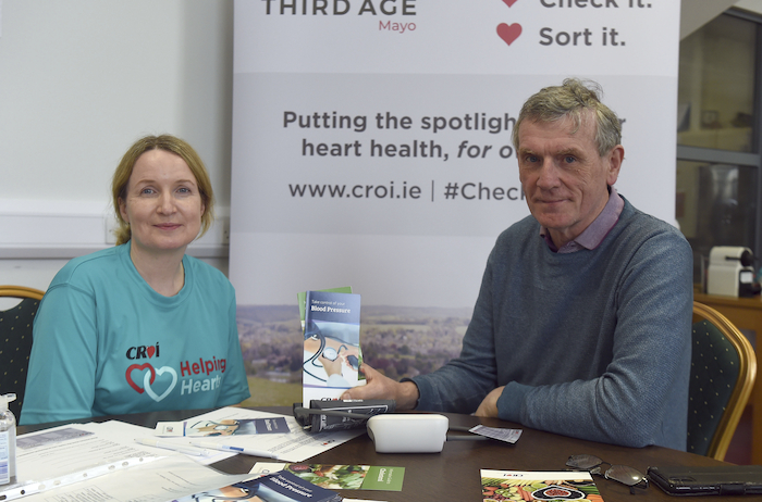 Pictured at a recent Croí blood pressure check event in Hastings Insurance MacHale Park, Castlebar was Anthony Egan, Bonniconlon GAA club with Anne Marie O’Brien, Croí volunteer nurse. Croí is partnering with pharmacies across Mayo for the month of May to offer free blood pressure checks - see www.croi.ie/third-age-mayo-bp. Photo: Conor McKeown.