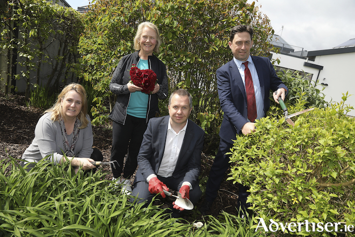 Pictured from left outside Croí House: Christine Flanagan, Croí’s fundraising director; Christine Harnett, Croí programme participant; Croí garden designer and project lead, Dr Derek O’Keeffe, Professor of Medical Device Technology, NUI Galway, and Consultant Physician, Galway University Hospitals; and Mark O’Donnell, Croí’s head of foundation and chief operations officer. Photo: Aengus McMahon
