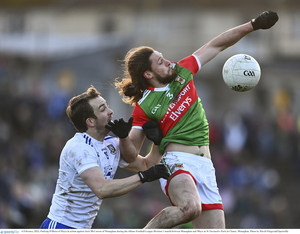 See you in Castlebar: Mayo&#039;s Padraig O&#039;Hora and Monaghan&#039;s Jack Macarron will be tangling again next week in Hastings Insurance MacHale Park in the qualifiers. Photo: Sportsfile. 