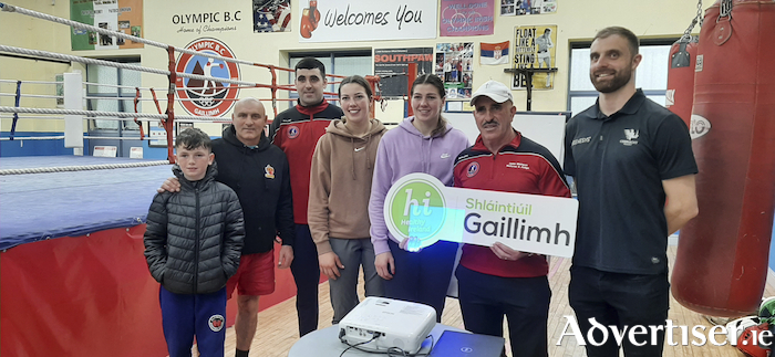 The medal winning O'Rourke sisters, Aoife and Lisa, attended the recent presentation at the Olympic Boxing Club by Connacht sports nutritionist Gavin Rackard, pictured far right with Bernardo Mongan, Edward McDonagh (Galway Boxing Club), Mike Mongan, Aoife O'Rourke (2019 European champion), Lisa O'Rourke (2022 World Champion), and John Mongan.