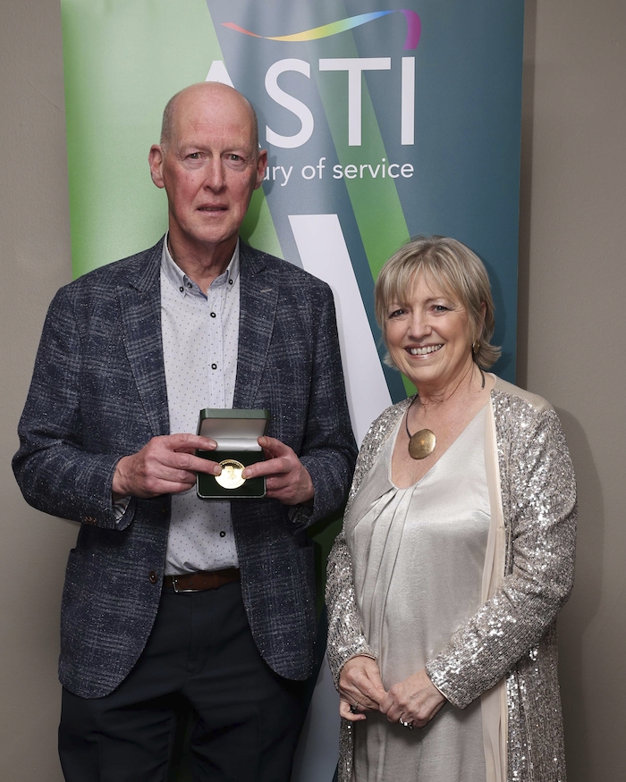 James Duffy, ASTI West Mayo Branch, who received an ASTI Thomas MacDonagh Medal, with Deirdre Mac Donald, ASTI President (2019/2020). 