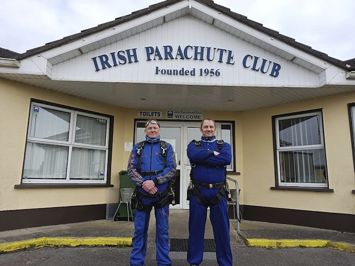 Mark Gibbons and instructor Cameron Scott ahead of his parachute jump. 
