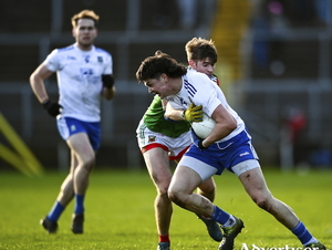 Brick wall: Gary Mohan tries to escape the clutches of Rory Brickenden during the meeting of Mayo and Monaghan in the league. Photo: Sportsfile. 