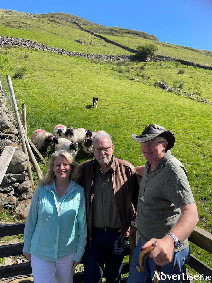 Ruth Moran, Tourism Ireland; American travel journalist Peter Greenberg; and Joe Joyce, Joyce Country Sheepdogs, during filming of a sheepdog demonstration at Loch na Fooey in Connemara. Pic - Tourism Ireland