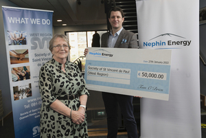 Maureen Mitchell is pictured receiving the Nephin Energy donation earlier this year from Tom O&rsquo;Brien. Photo: Fennell Photography 