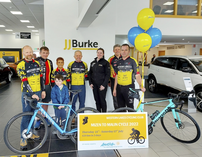 Members of Western Lakes Cycling Club are pictured visiting JJ Burke Car Sales. Left to Right: Niall Wilson (Youth Representative), Philip Staunton, Imelda Hughes, Alan Stephens (Secretary), Hannah Whooley (JJ Burke Car Sales), Mike Kelly (PRO), Damien O’Connell.