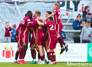 Galway United players celebrate followig Killian Brouder&#039;s winning goal against Waterford United at Eamonn Deacy Park on Friday. Photo:- Mike Shaughnessy
