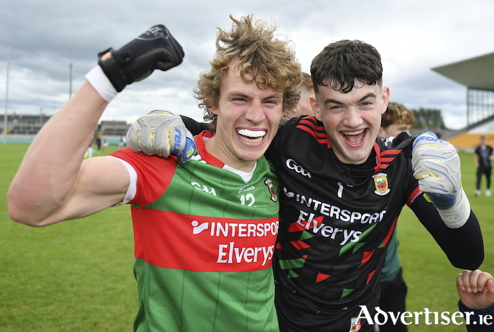 On the way: Diarmuid Duffy and David Dolan celebrate after Mayo's win over Kerry in the All Ireland semi-final. Photo: Sportsfile. 