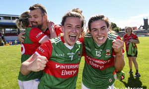 That winning feeling: Kathryn Sullivan and Sarah Mulvihill of Mayo celebrate after the TG4 All-Ireland Ladies Football Senior Championship Quarter-Final match between Cork and Mayo. Photo: Sportsfile 
