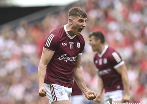 Matthew Tierney of Galway celebrates his side winning a free during the GAA Football All-Ireland Senior Championship Semi-Final match between Derry and Galway at Croke Park in Dublin. Photo by Seb Daly/Sportsfile