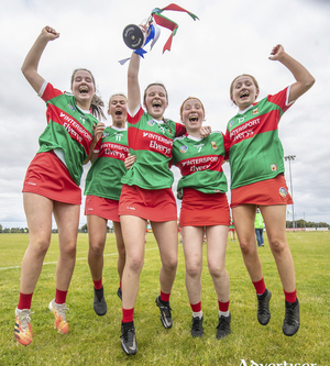 Jumping for joy: Mayo&rsquo;s Cathy Greally, Laura Flanagan, Laoise Greally, Eabha Delaney and Kate Tener celebrate winning the All Ireland title. Photo: Inpho 