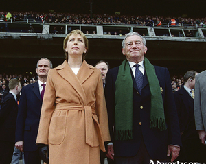 The President of Ireland, Mary McAleese, stands for the Presidential Salute, alongside the late Don Crowley, President of the Irish Rugby Football Union, at the Six Nations Rugby Championship, Ireland v England game in Lansdowne Road, Dublin in 2003.
Photo by Brendan Moran/Sportsfile