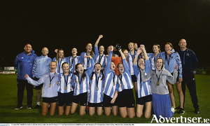 Salthill Devon players celebrate with the trophy after the FAI Women&#039;s U17 Cup Final match between Salthill Devon FC and Claremorris FC at Eamon Deacy Park in Galway. Photo by Harry Murphy/Sportsfile 