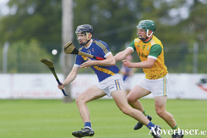Loughrea&#039;s Darren Shaughnessy comes under pressure from Craughwell&#039;s Mark Monaghan in action from the Brooks Senior Hurling Championship game at Kenny Park, Athenry on Saturday.  Photo:- Mike Shaughnessy
