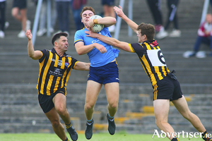 No way through: Salthill Knocknacarra&#039;s Daniel O&#039;Flaherty is challenged by the Mountbellew Moylough duo of Gary Sweeney and John Daly in action from the Bon Secours Senior Football Championship game at Tuam  Stadium on Sunday. Photo- Mike Shaughnessy