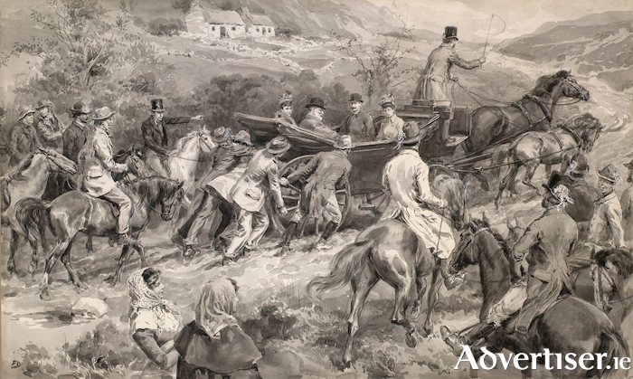 Members of O’Loughlin’s Royal Connemara Mixed Cavalry, give a helping hand to push the King’s carriage up a hill. Drawing by Frank Dadd (1851 - 1929)