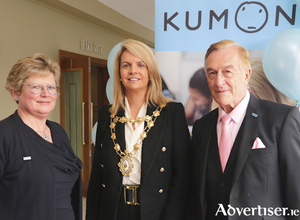 Mayor of Galway Clodagh Higgins with Denise Heneghan and David Boulter of Kumon Galway at the Kumon awards ceremony in the Menlo Park Hotel recently. Photo: Mike Shaughnessy.