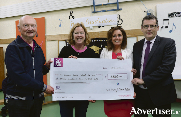 Tara Flynn, President of the Construction Industry Federation, Galway Branch, presents a cheque with the proceeds of the raffle held at the CIF annual Gala dinner, to Sarah McGinley, Principal and Tom Hogan, Chairman, Board of Management, St. Josephs Special School, Newcastle. Also in photo is Justin Molloy, CIF. The funds raised will go towards the purchase of PE equipment, ICT equipment, swimming classes and social programmes in the school.
